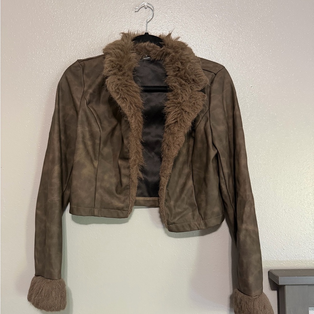 Faux Suede Brown Cropped Jacket with Faux Fur Trim